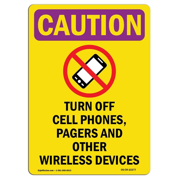 Signmission OSHA CAUTION RADIATION Sign, Turn Off Cell Phones W/ Symbol, 10in X 7in Decal, 10" H, 7" W, Portrait OS-CR-D-710-V-10277 - main